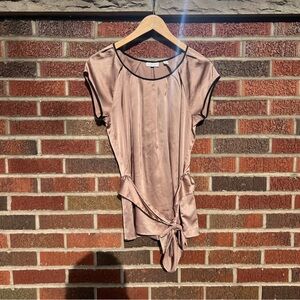 New York & Company Light Bronze and Black Hem Silk Like Belted Short Sleeve Top